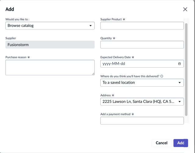 Selecting a supplier product from an existing system catalog when adding a new purchase line.