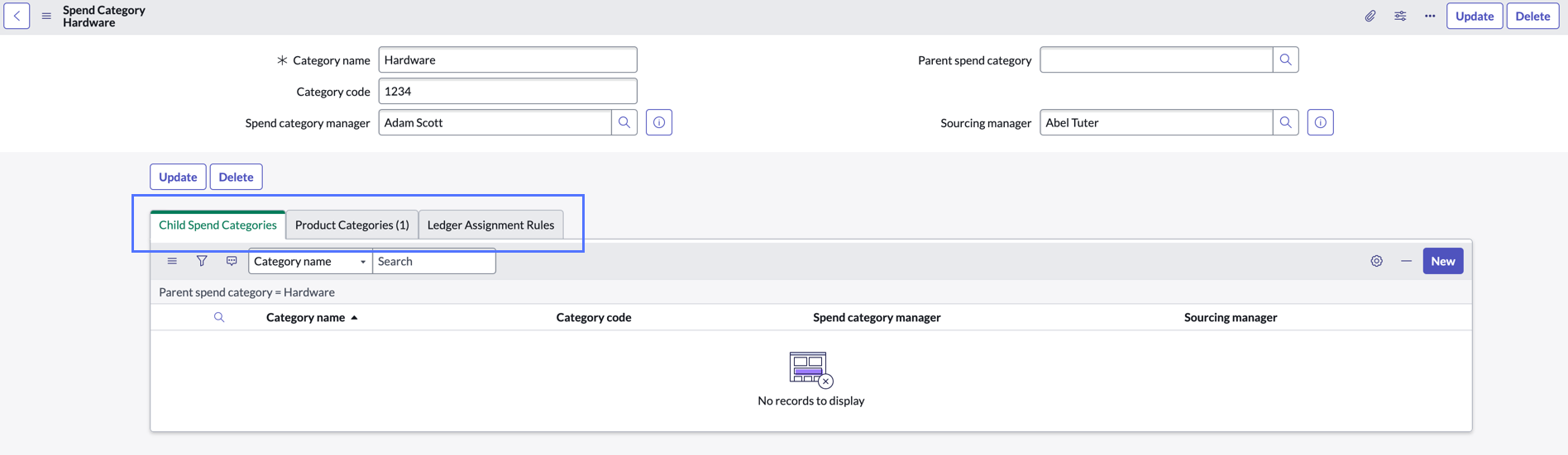 The Child Spend Categories, Product Categories, and Ledger Assignment Rules related lists appear on the Spend Category page.