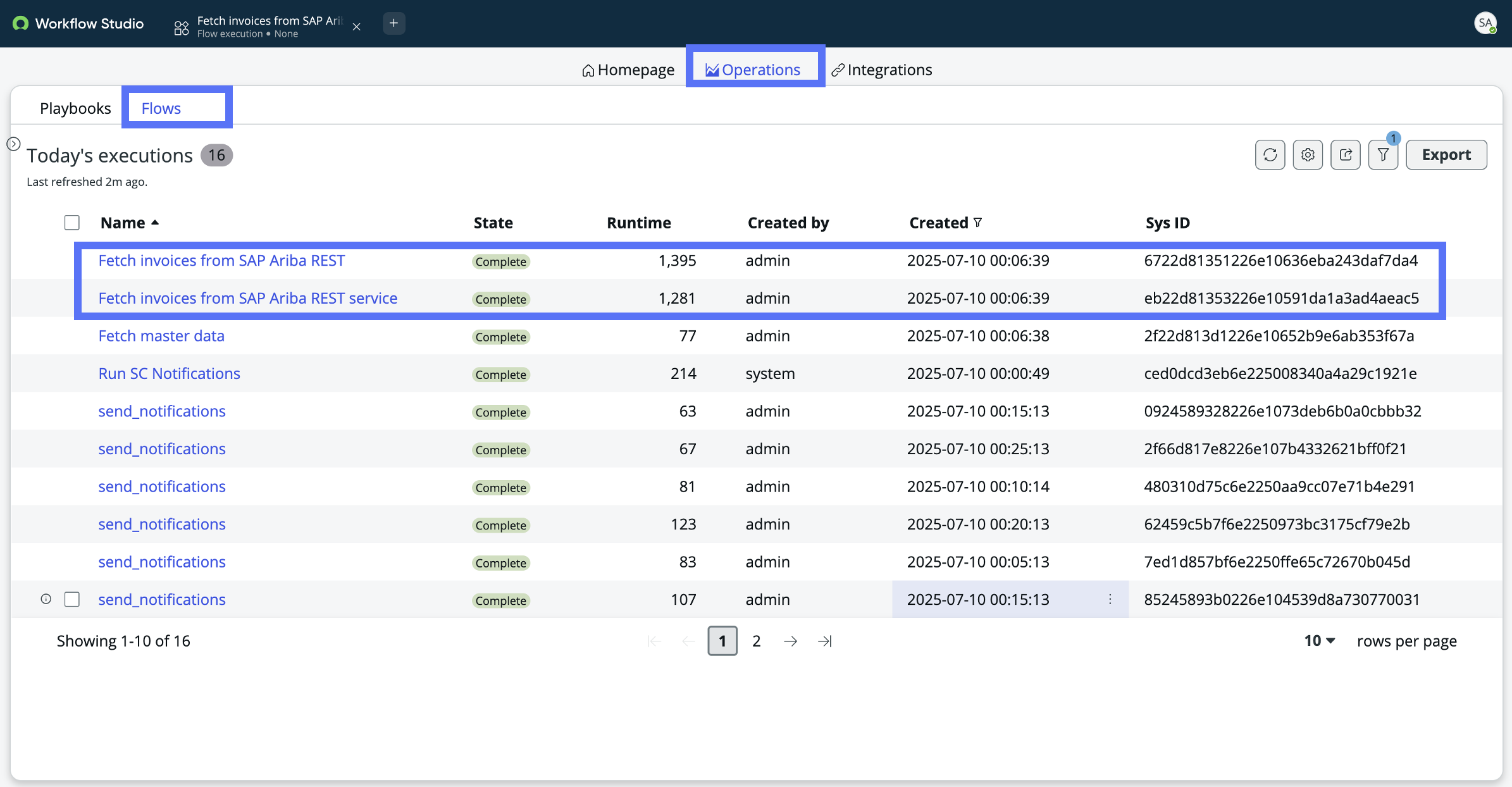 List of executed flows in SAP Ariba