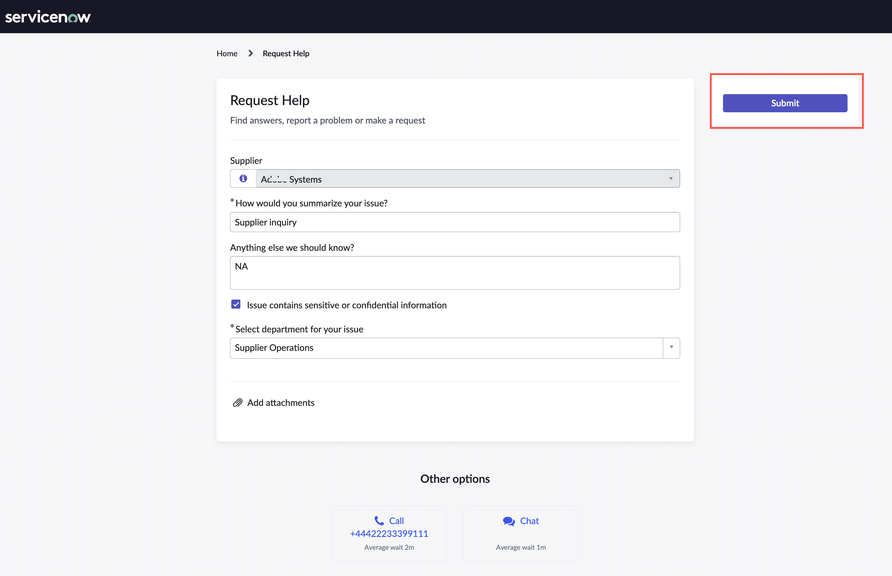 Request Help form.