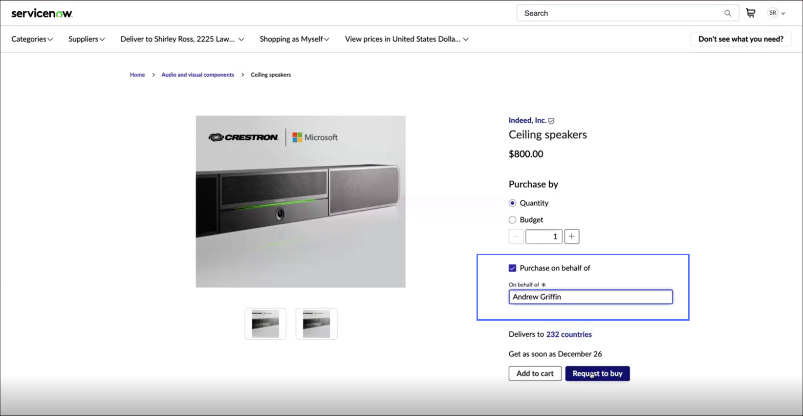 Shopping Hub product page showing "Purchase on behalf of" checkbox with "Andrew Griffin" selected.