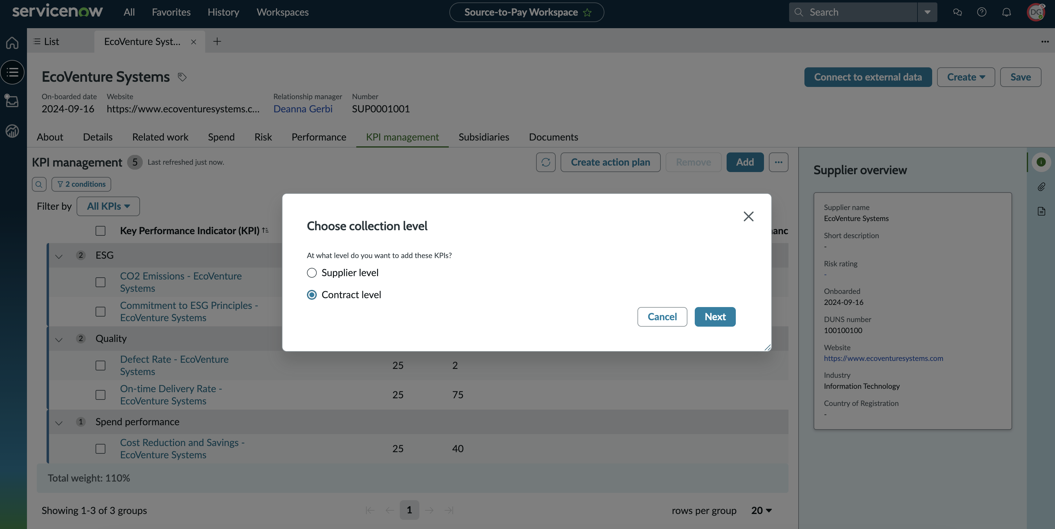 Select collection level dialog box