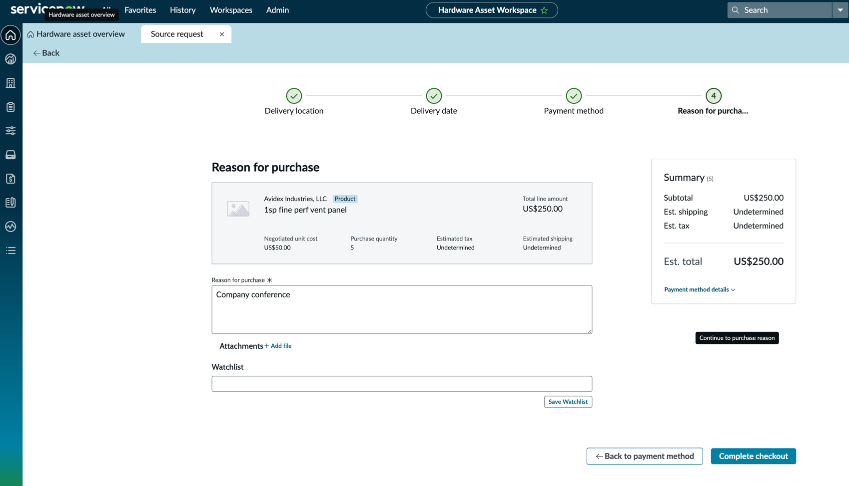 Reason for purchase page.