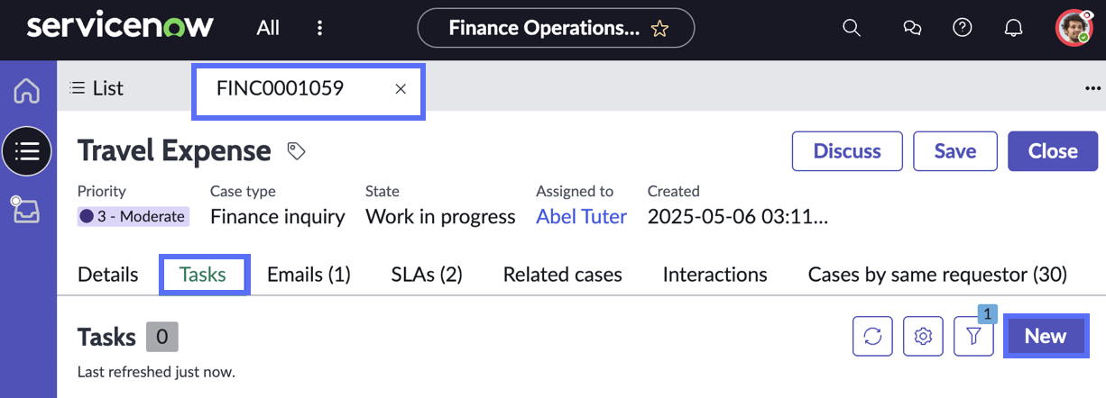 Create a finance task from a finance case