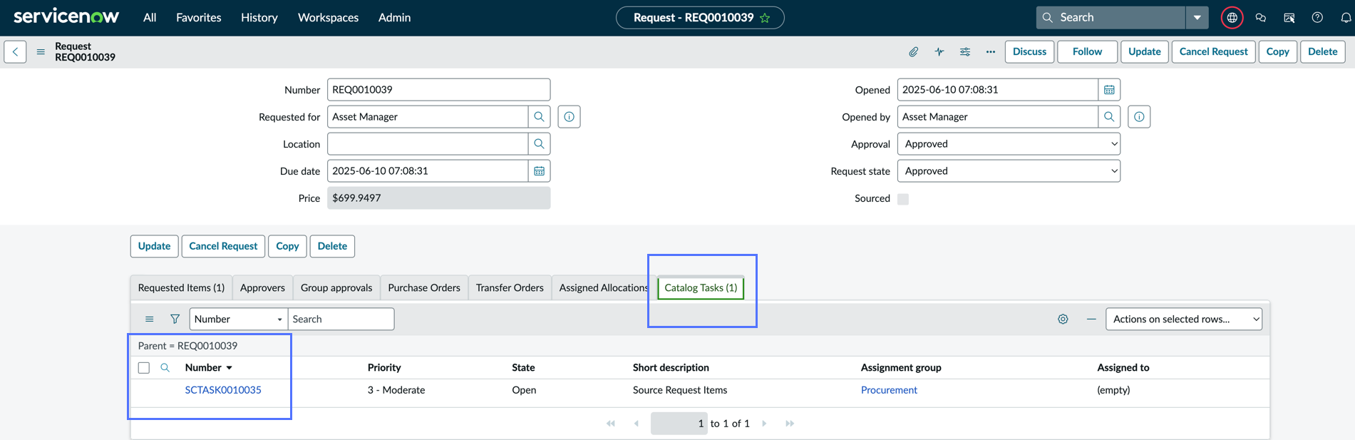Catalog tasks tab showing the sourcing task.