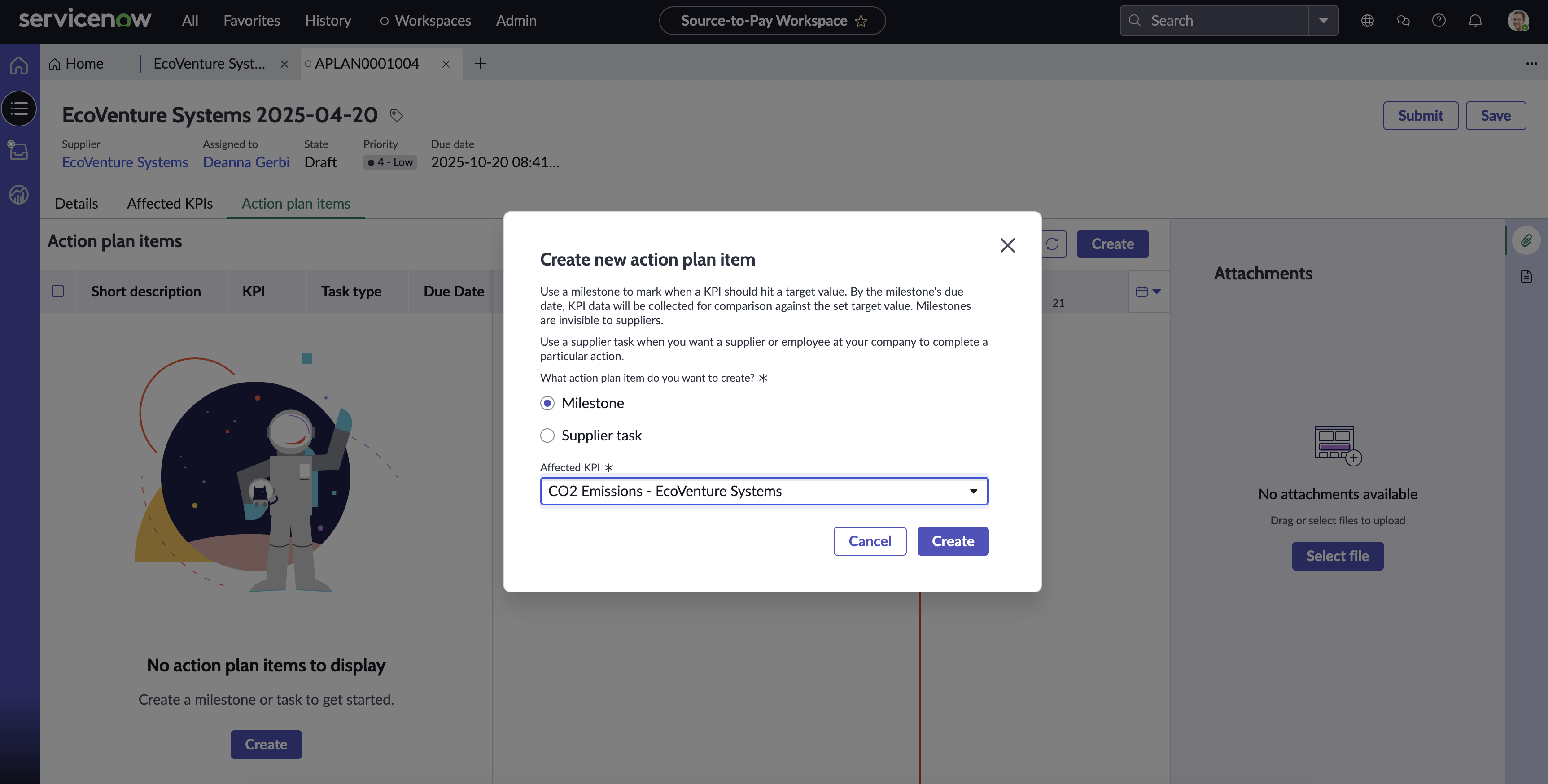 Create new action plan item dialog box for creating milestone