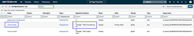 UX Page Properties list showing the configuration for the Don't see what you need button.