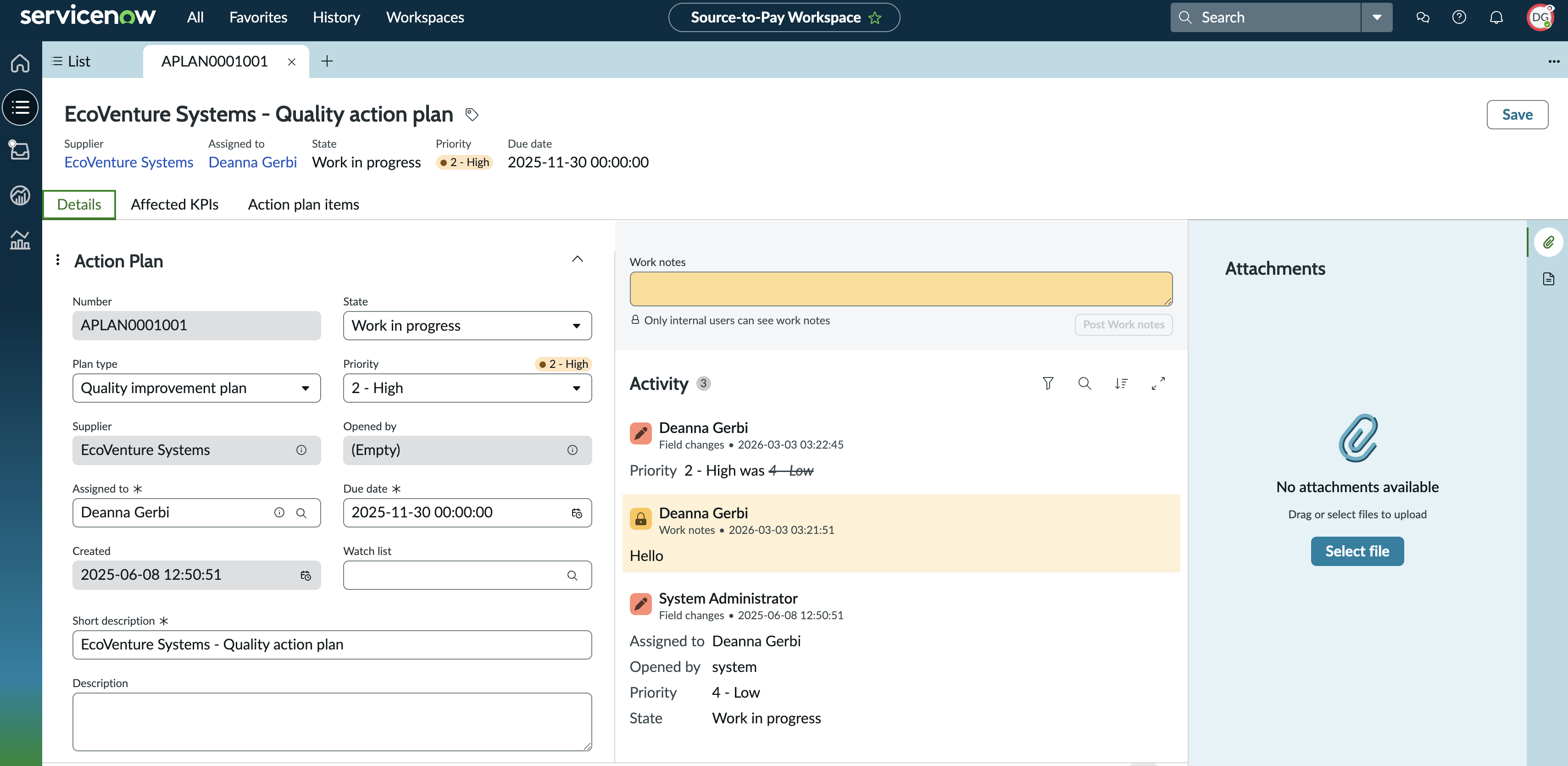 Action plan with the Activity stream and work notes