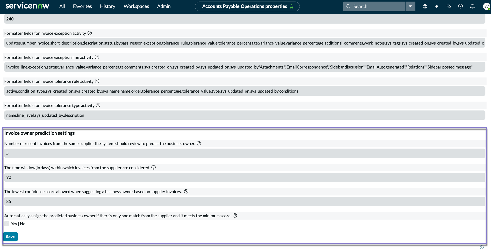 Invoice owner prediction settings-default values
