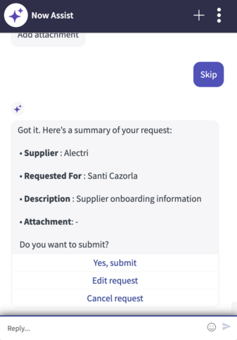 Summary of the new request created.