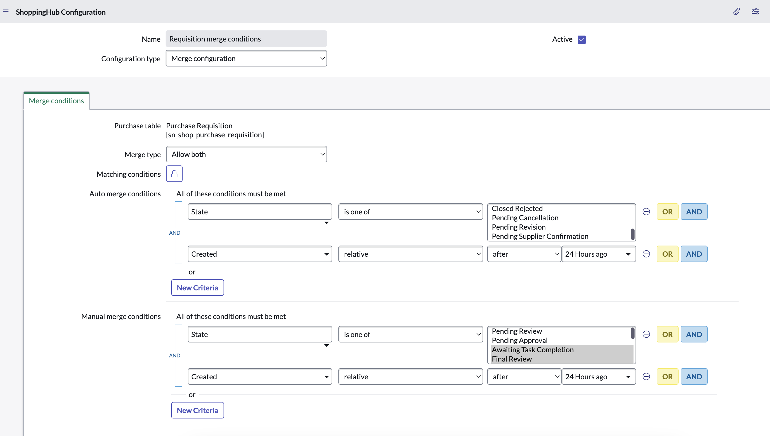 Purchase requisition merge conditions.