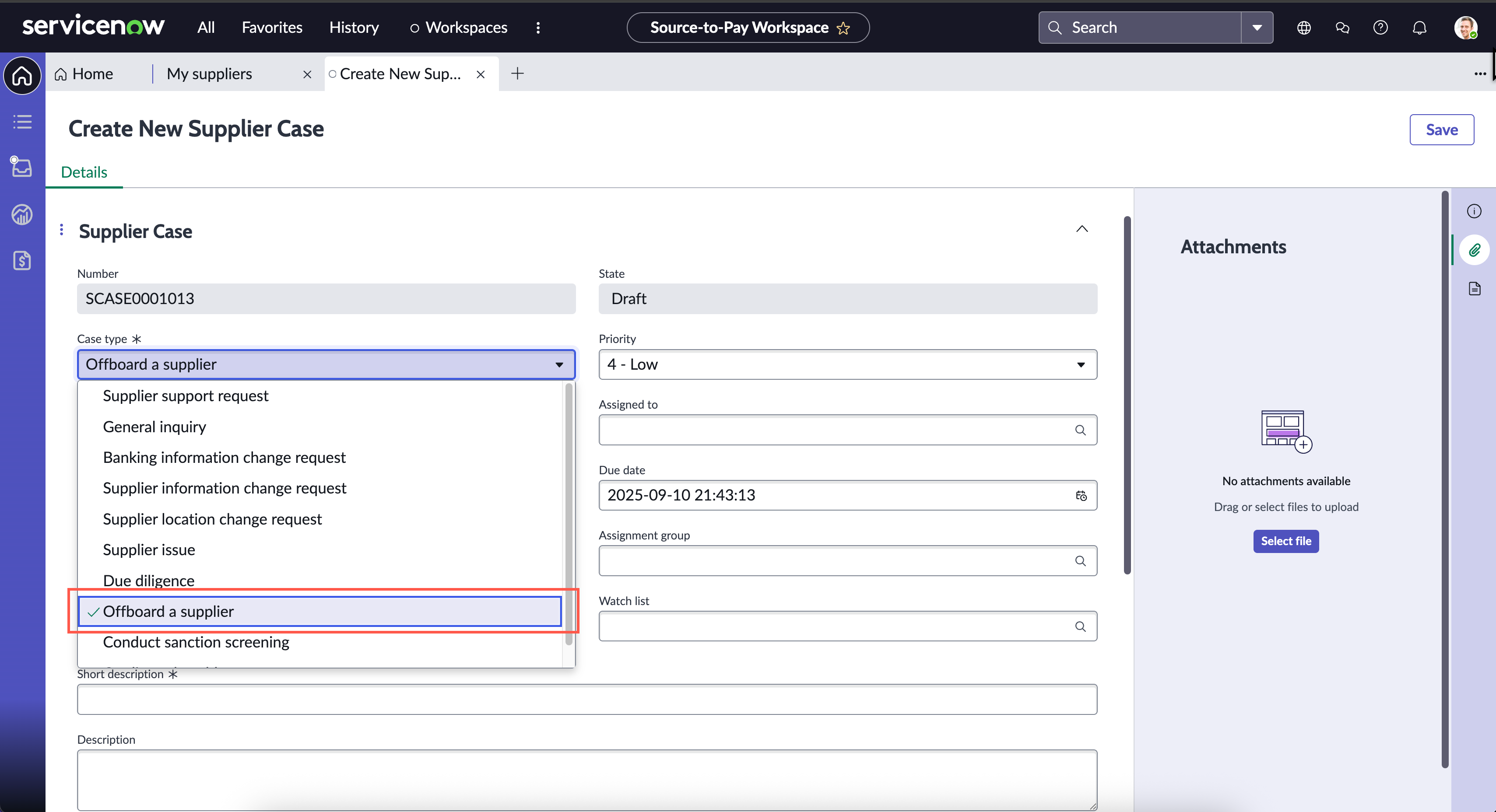 Selected dropdown option for offboarding a supplier.