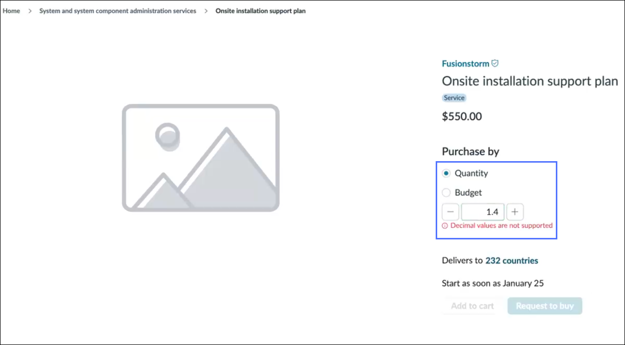 Purchase form for product type Good showing decimal quantity 1.4 with error message "Decimal values are not supported".