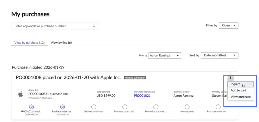 My purchases page showing card actions menu with Inquire, Add to cart, and View purchase options.