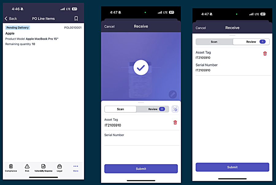 Asset receiving via mobile barcode scanning.