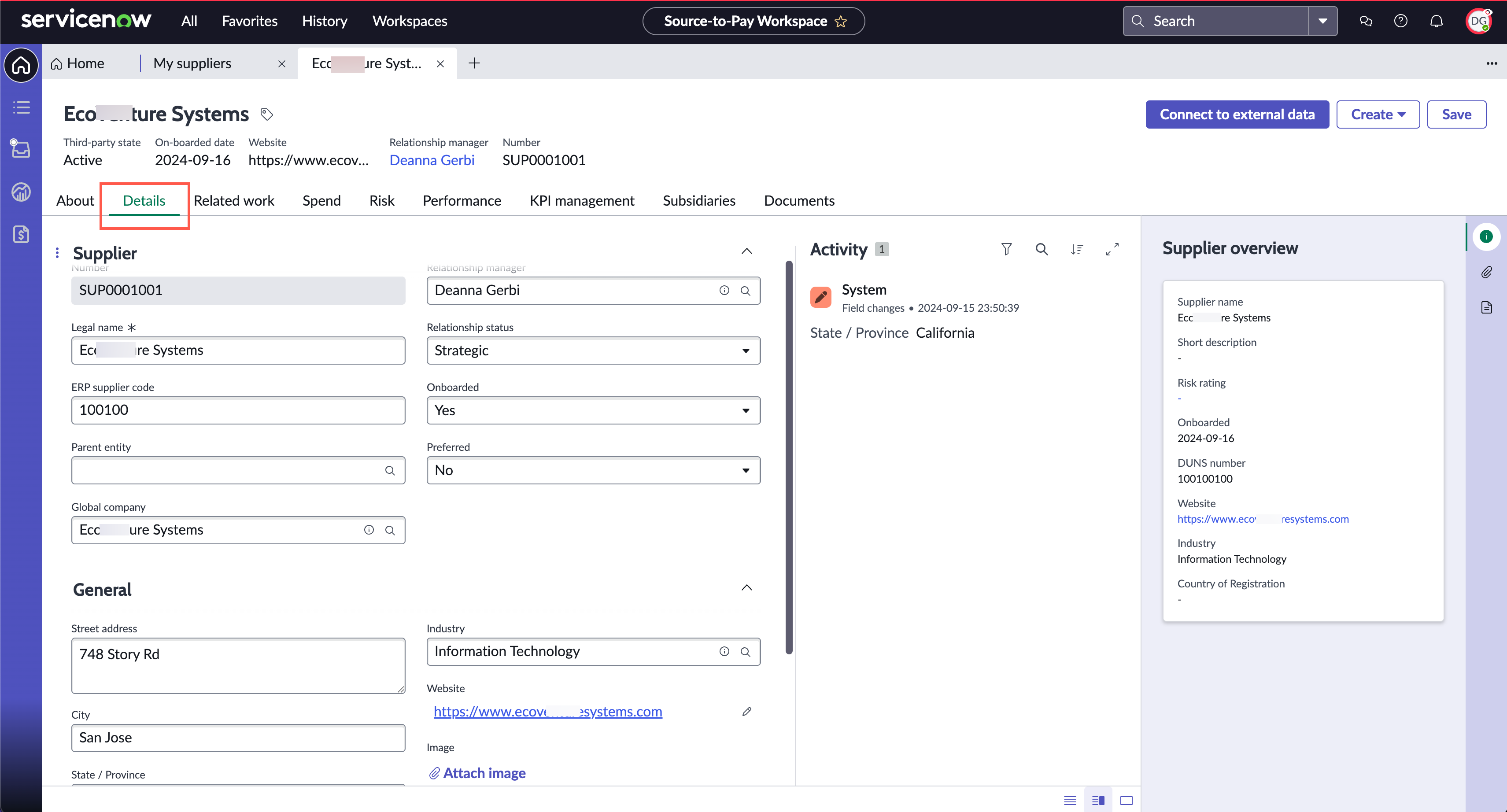 Selected tab for editing supplier details.