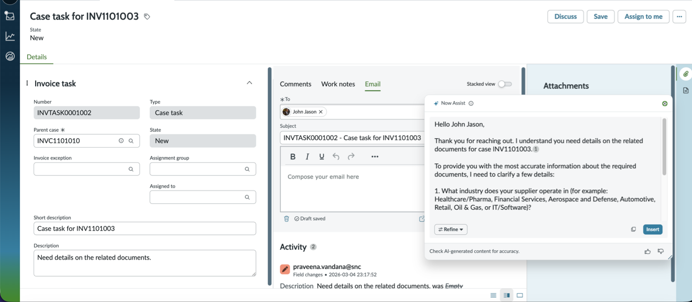 Email generation for invoice task