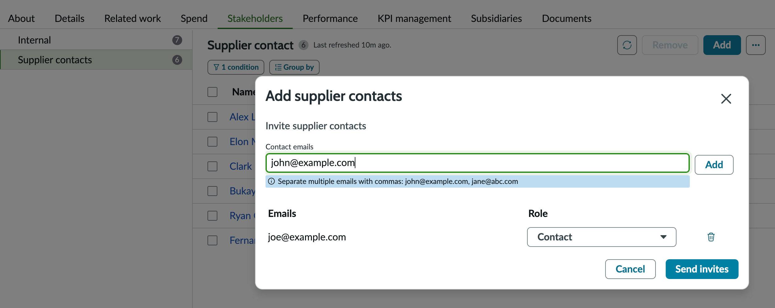 Add Supplier contacts dialog box.