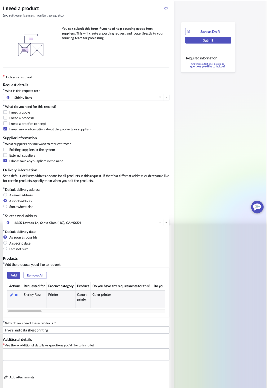 Filling the product details to create a sourcing request.