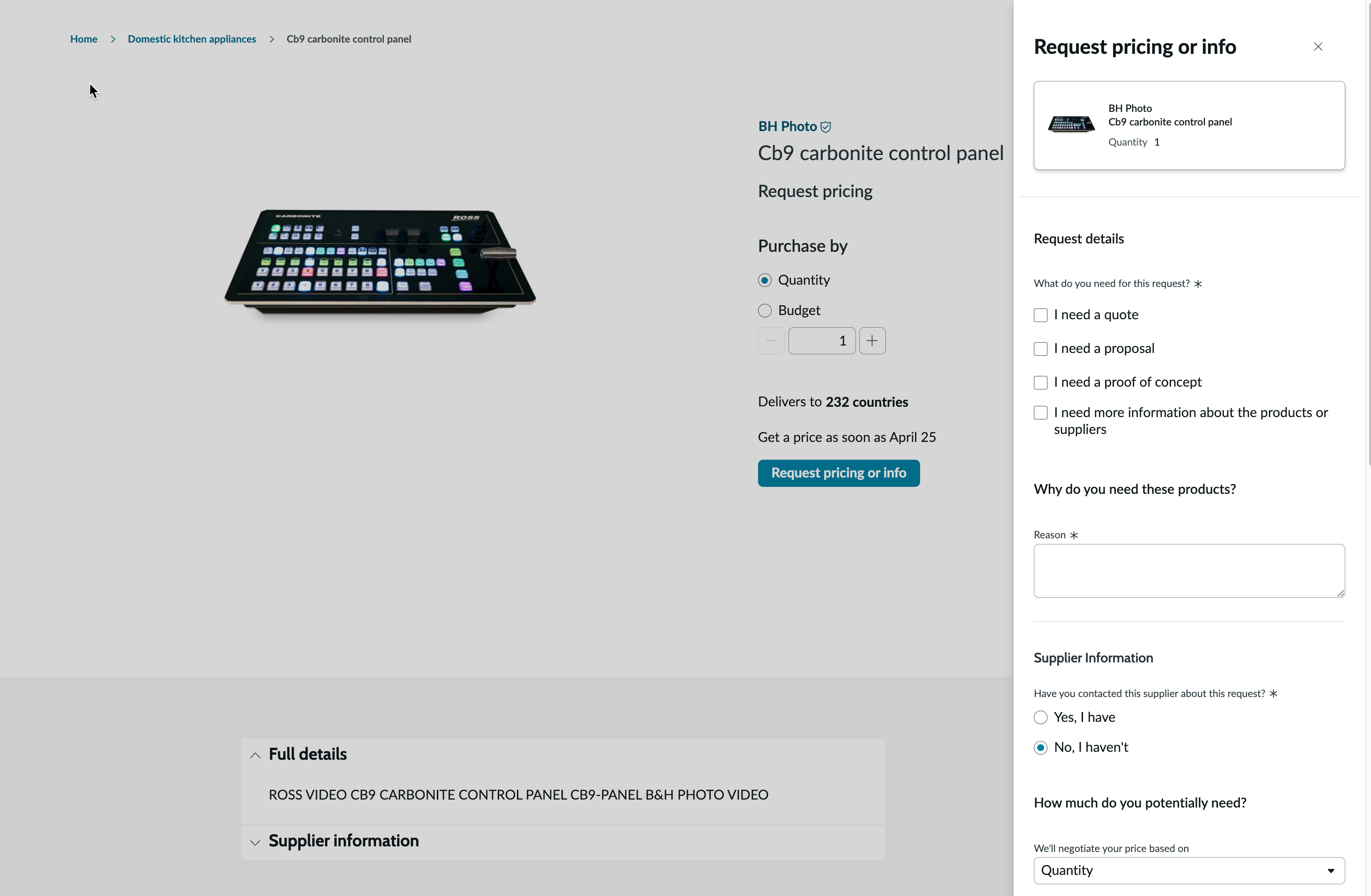 Request pricing or more information about a product in the Shopping Hub