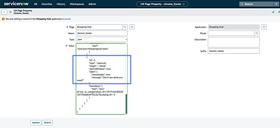 UX Page Property page with Value section highlighted.