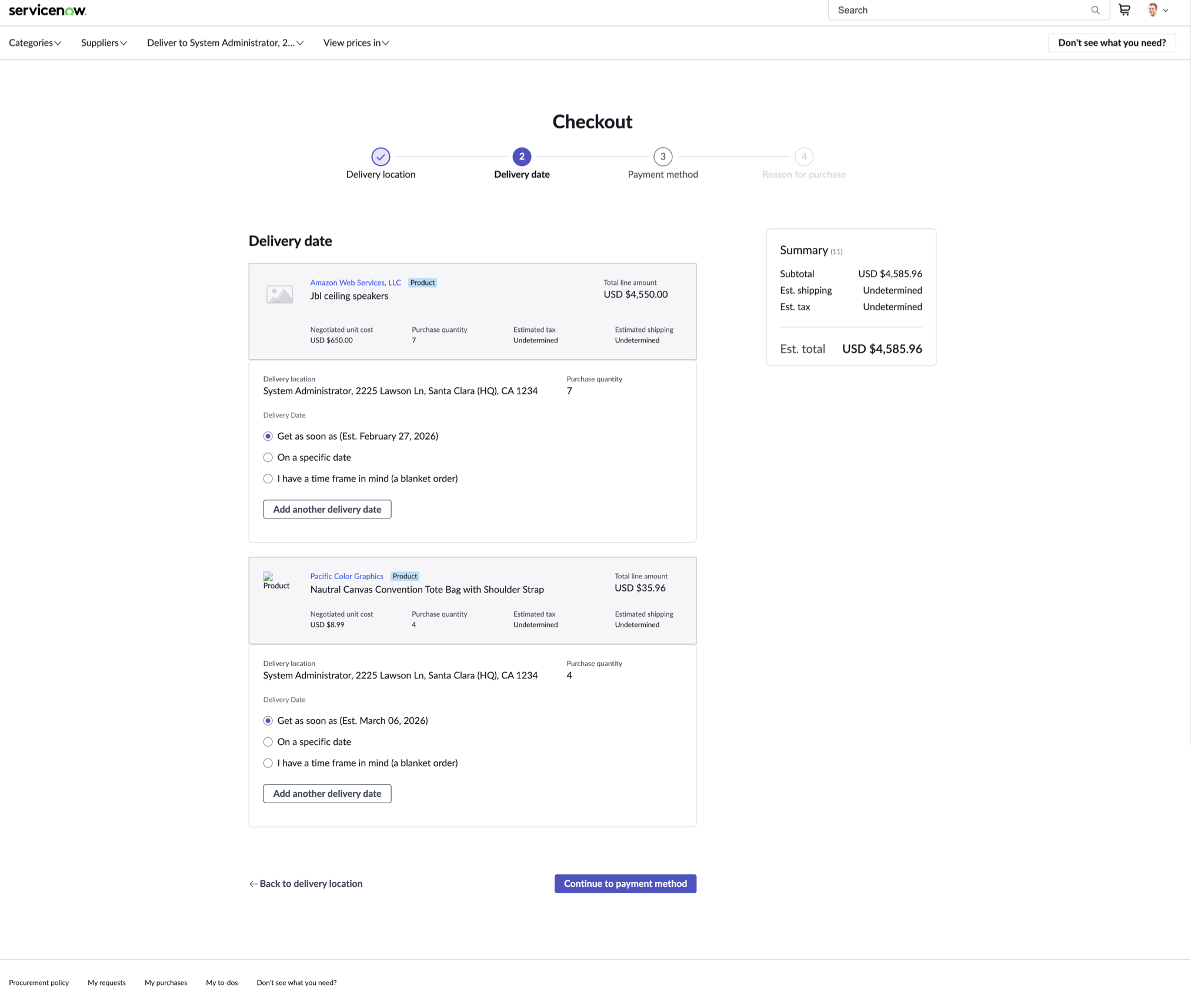 Checkout page showing delivery date options for two products with radio buttons for scheduling preferences.