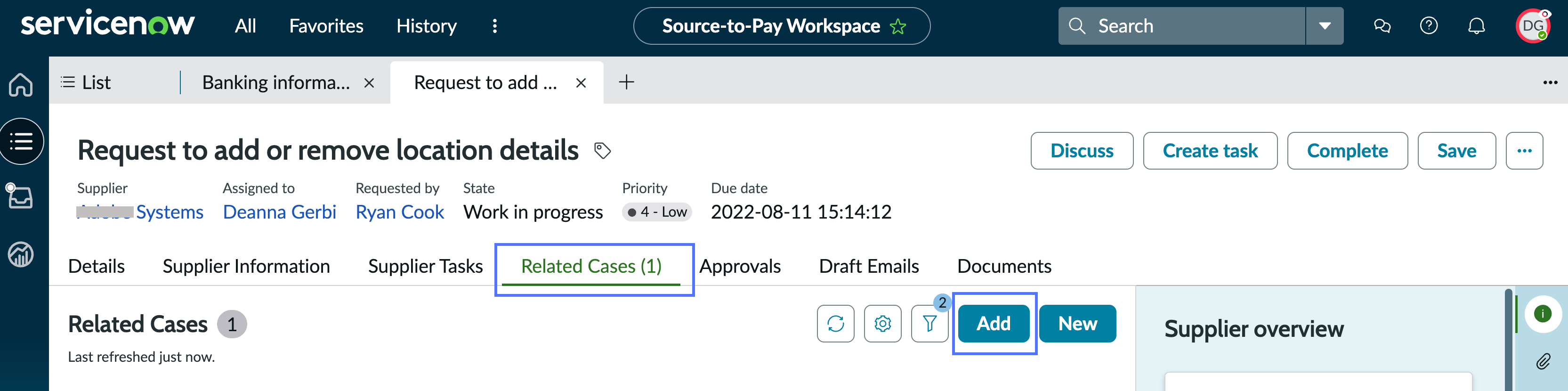 Selected tab for adding related case to a supplier case