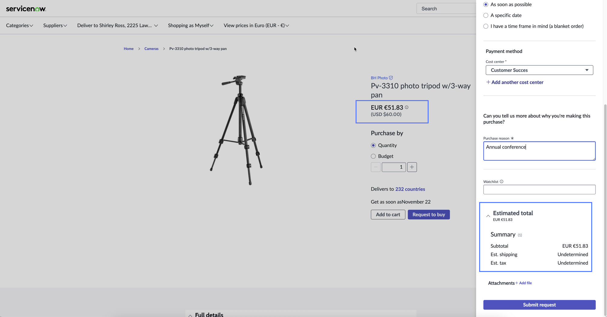Estimated prices for a product in Shopping Hub.