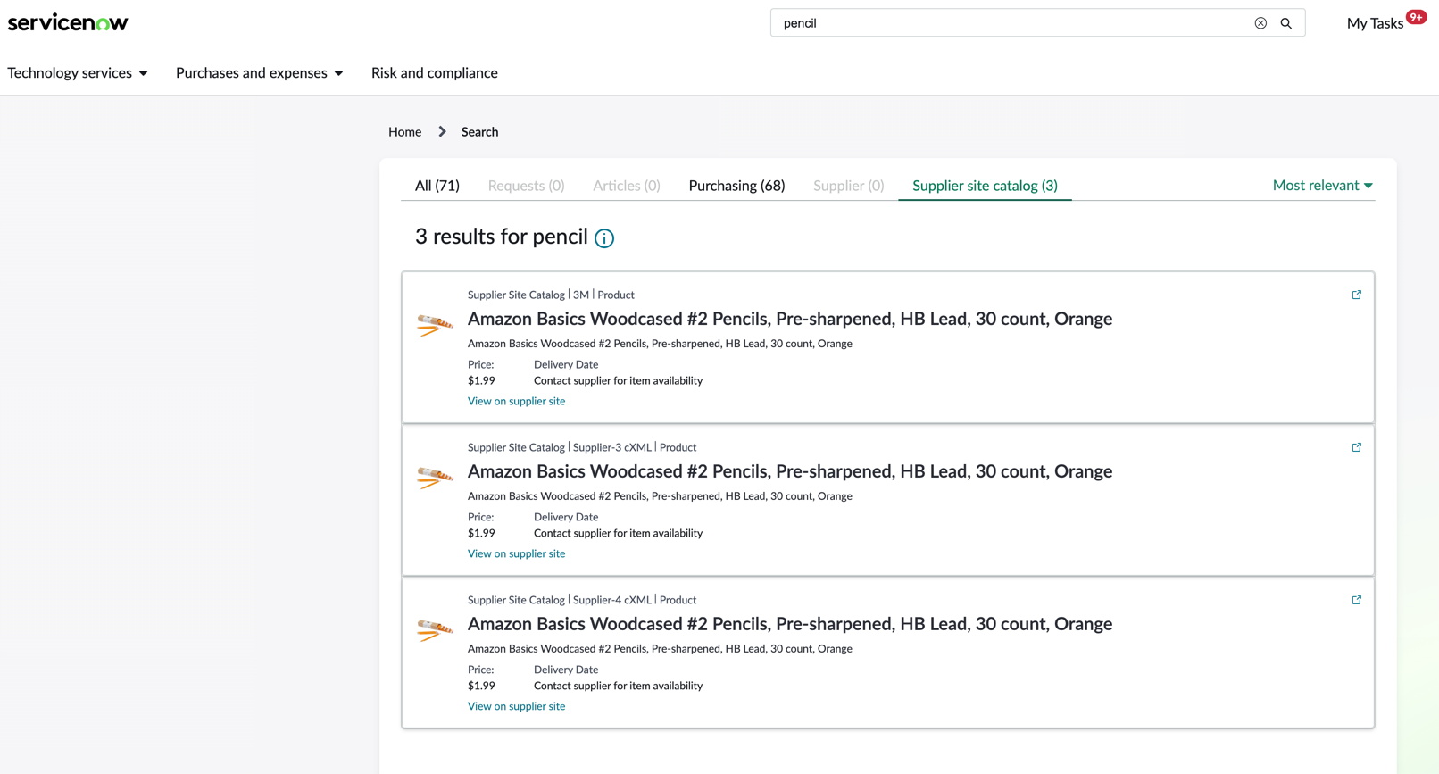Supplier site catalog tab in Employee Center