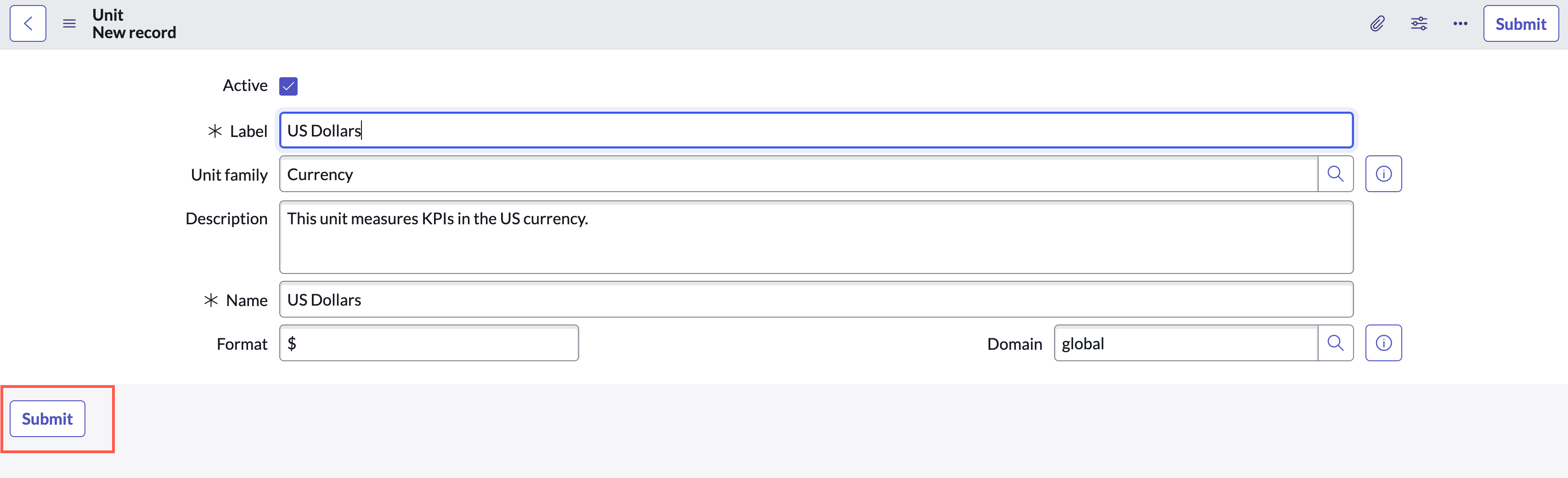 Selected button for saving the new KPI unit.