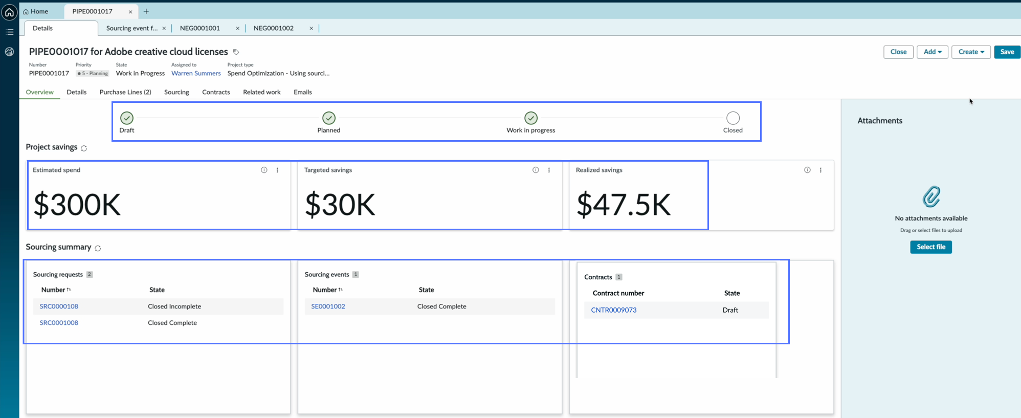 Pipeline project record form tabs and UI actions
