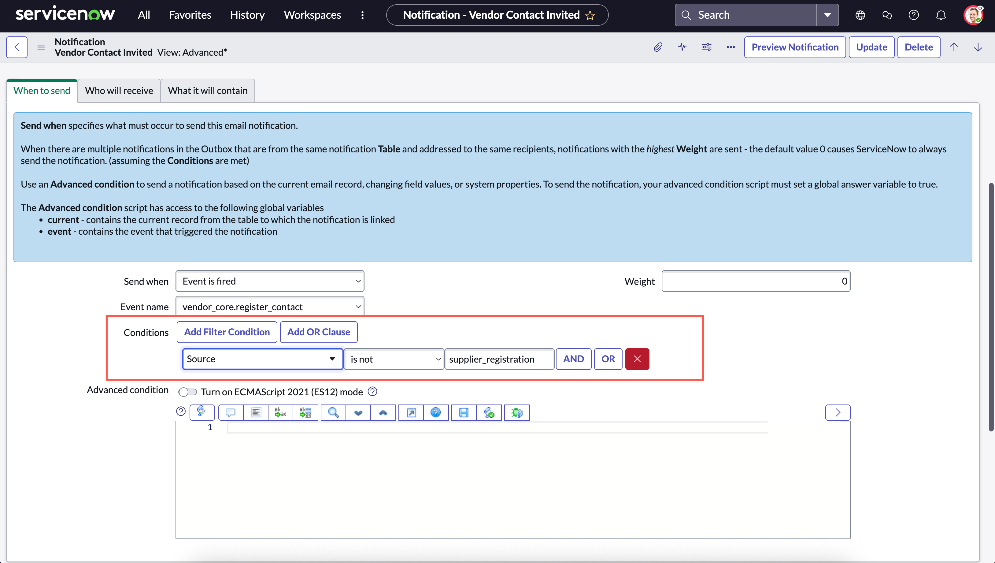 Condition added to send invitation emails to supplier contacts during the self-registration process.