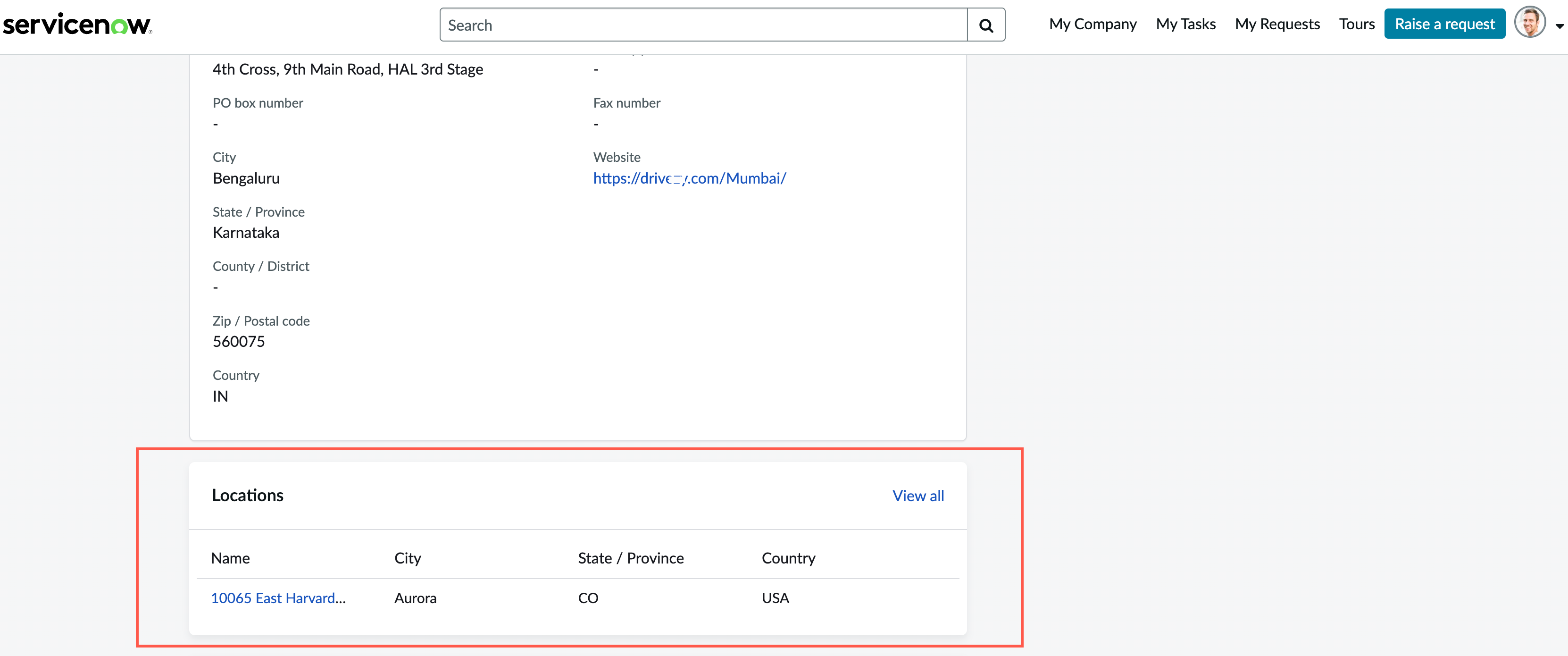 Location section on the Company Profile page.