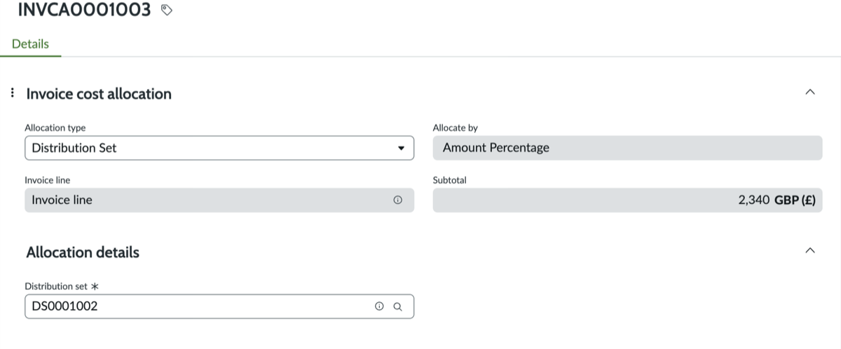 Distribution set in invoice line