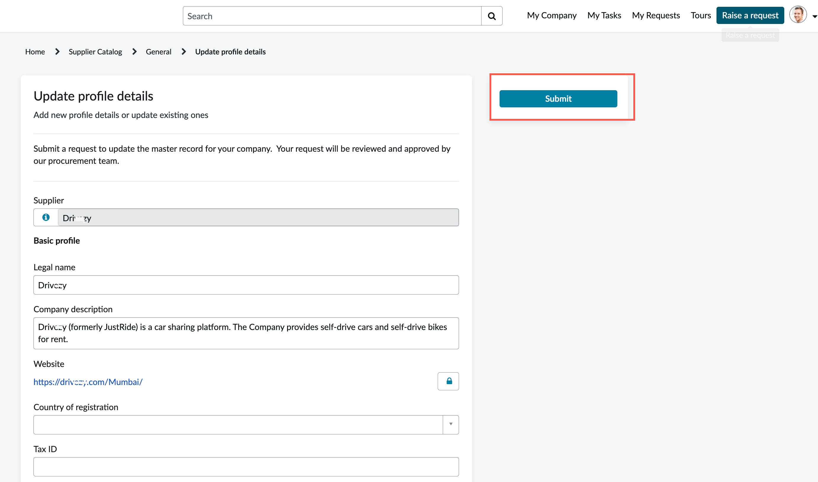 Selected button for submitting updated company profile details.