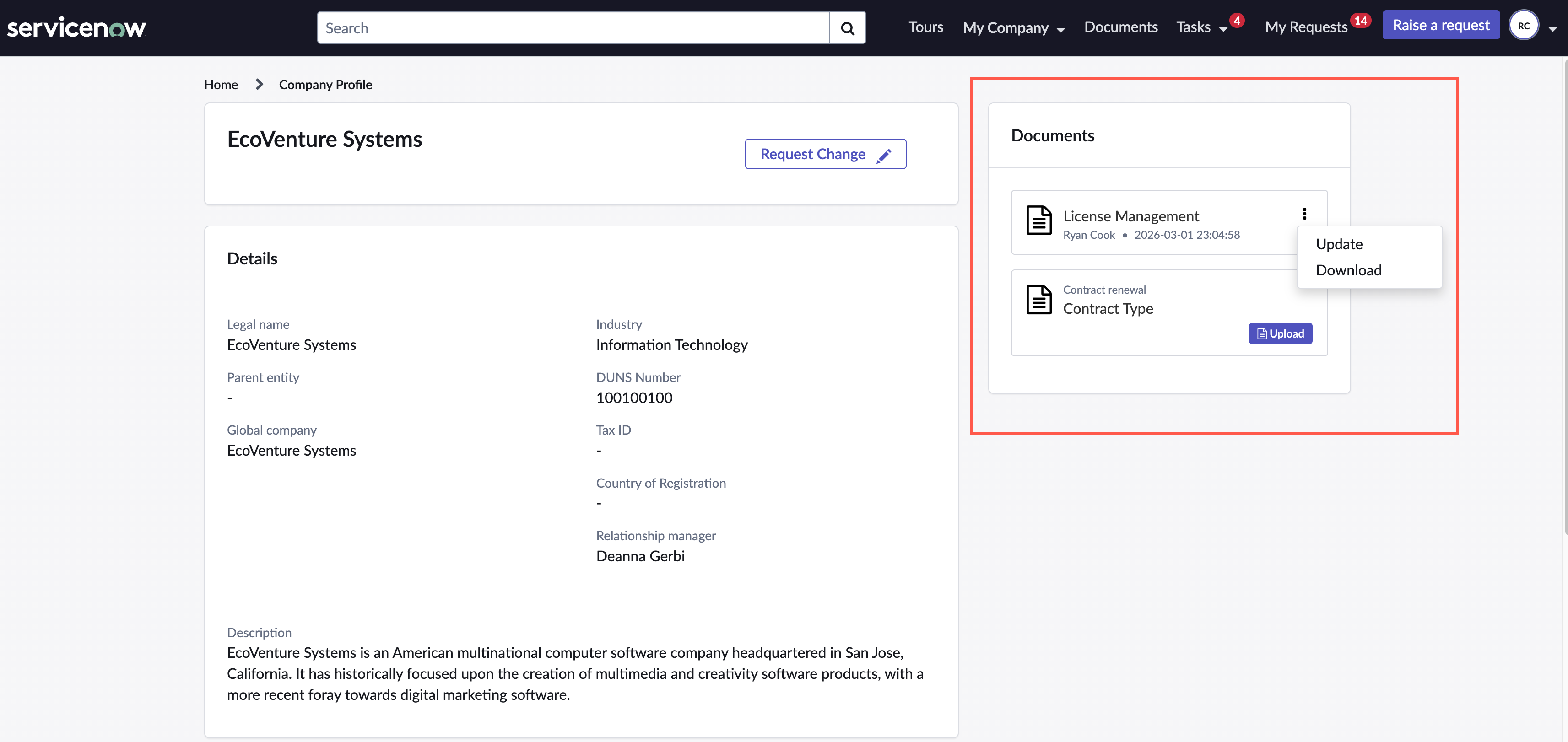 Documents widget on the My Company page