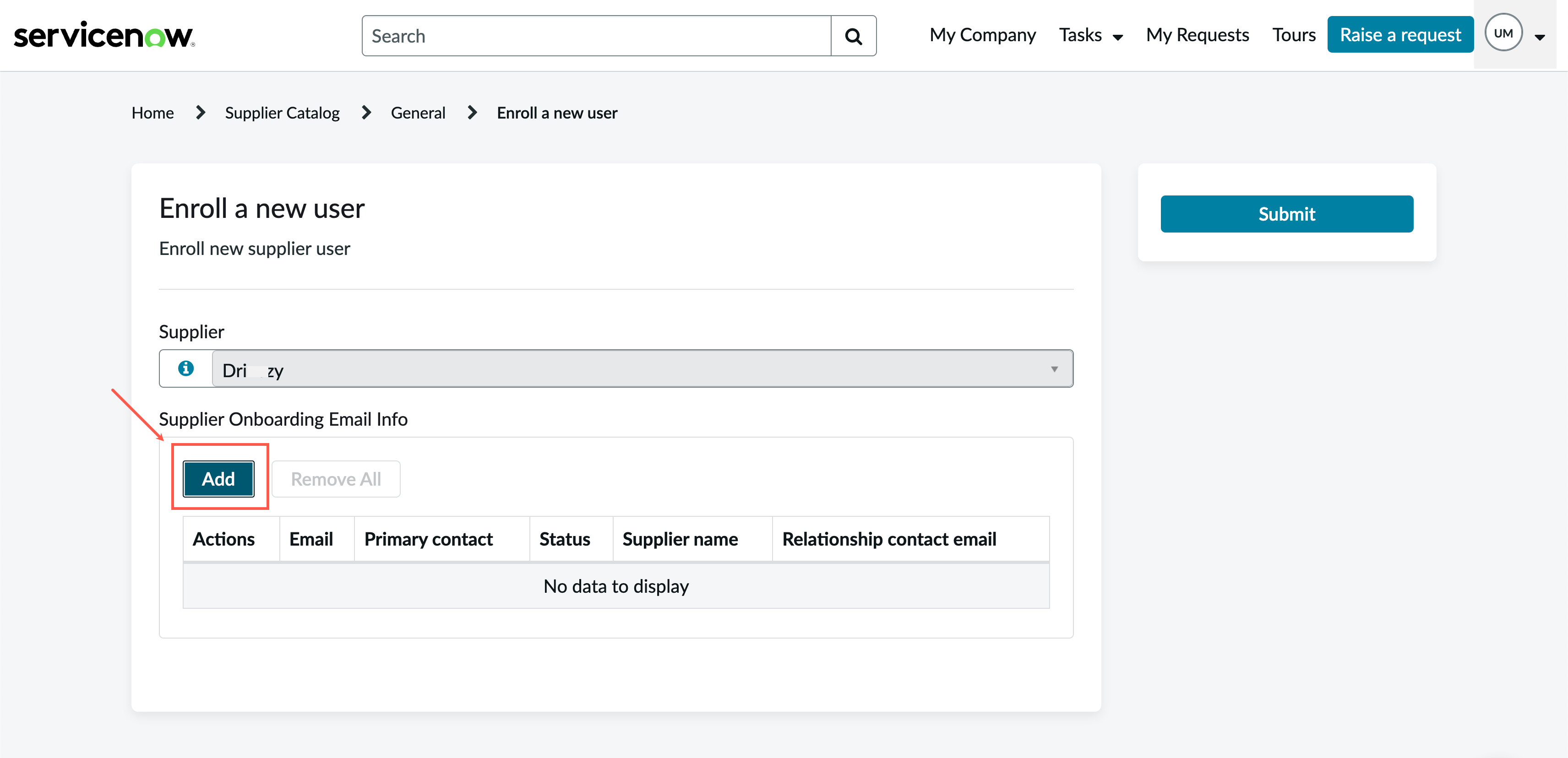 Selected button for adding a new row that contains details of the supplier contact.