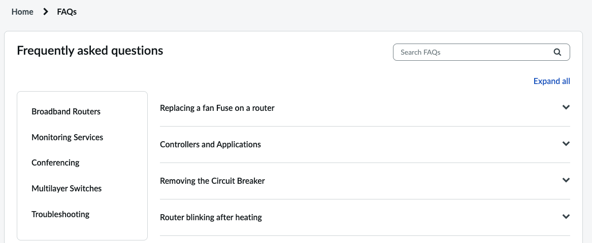 Portal FAQ widget displaying list of questions.