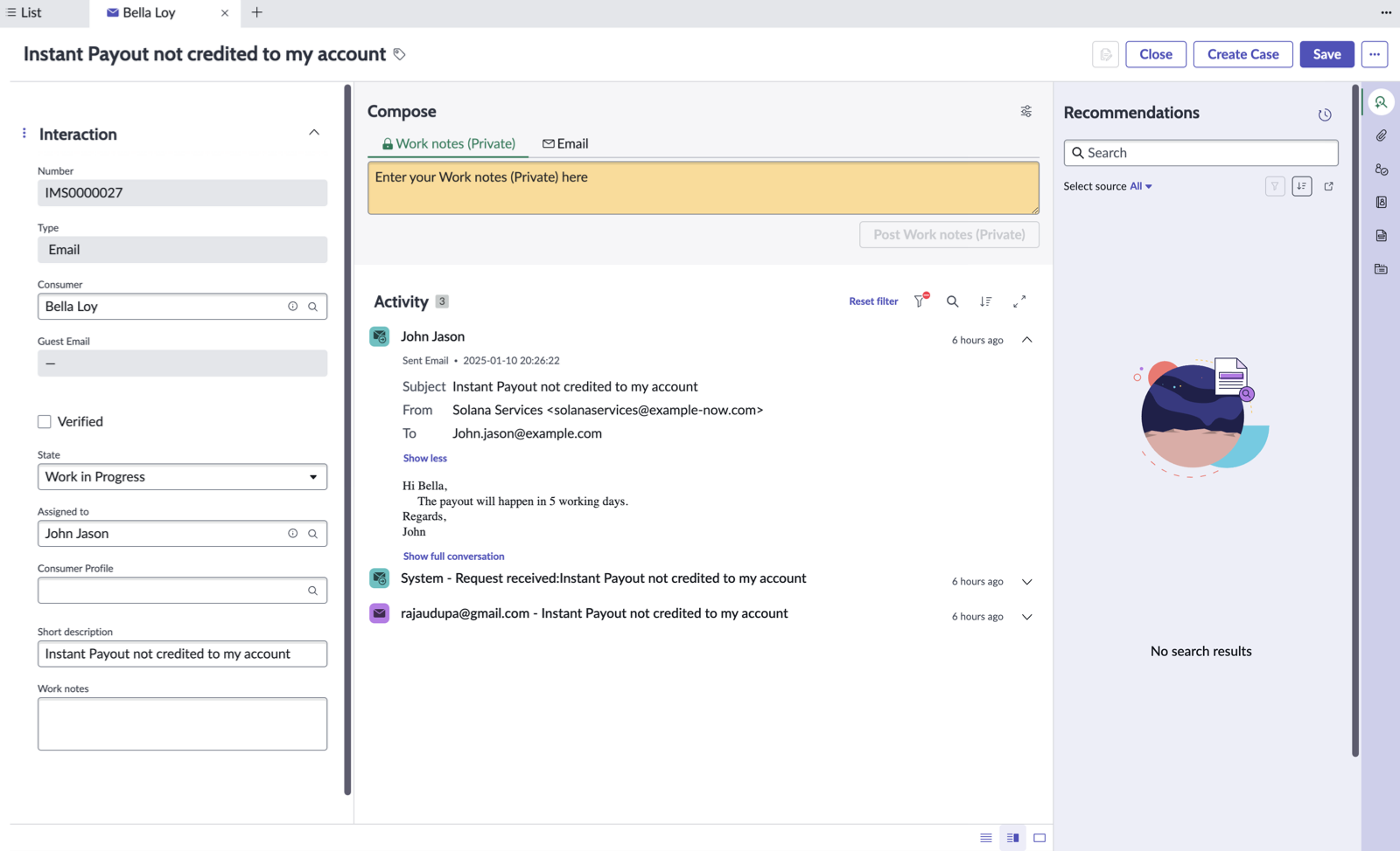 The Email Interaction record page enables agents to work on incoming emails in the activity stream of an interaction record.