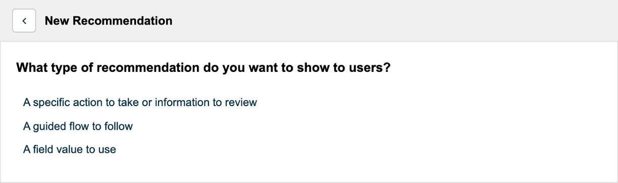 New Recommendation screen that presents available recommendation types.