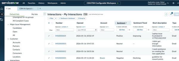 CSM Configurable Workspace list view showing the Interactions - My Interactions list with Sentiment and Sentiment Trend columns