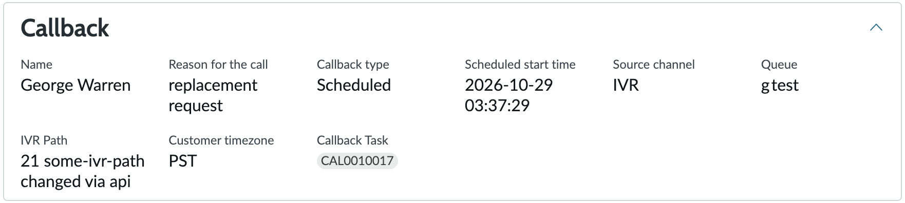 The callback card displays the customer-related information, including the reason for the call, the callback type source channel, and more.