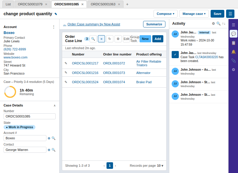 Order case page with customer and account information, SLA, and case details. Center panel displays the Order Case Line list. Page also includes the configurable side panel.