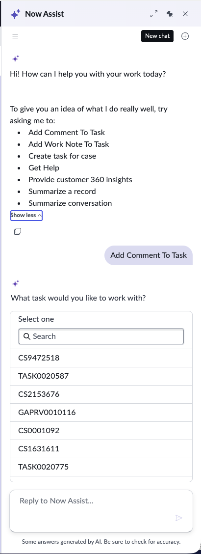 Now Assist panel with a list of available actions and a task selection dropdown displayed after the user chose "Add Comment To Task.".