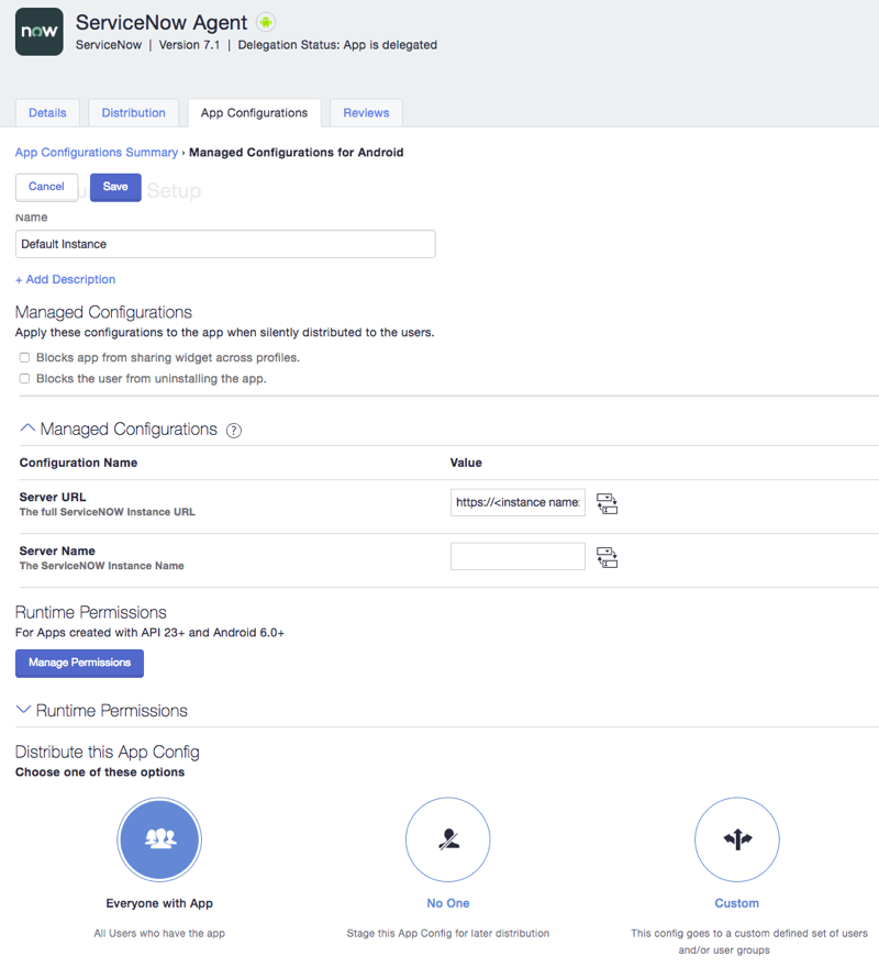 Página de configuração do app para Android no MobileIron