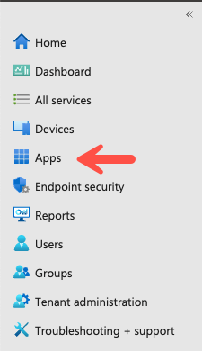 Menu da Central de administração do Microsoft Endpoint Manager mostrando a opção "Aplicações".