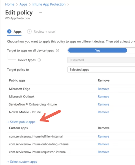 Central de administração do Microsoft Endpoint Manager mostrando a opção de selecionar apps públicos para uma política de proteção de apps.