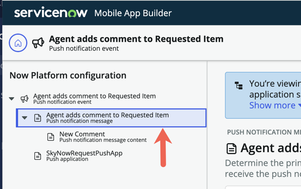 Mensagem de notificação por push selecionada no menu do Construtor de apps para celular