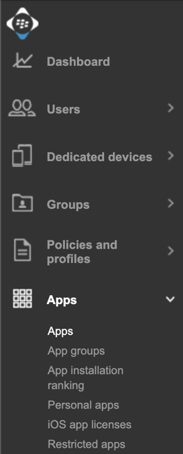 Barra de menus do BlackBerry UEM