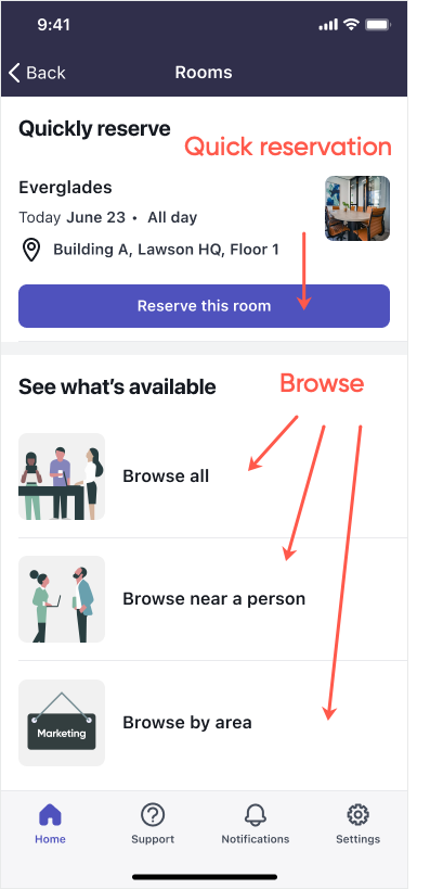 Mostra as opções para selecionar uma reserva rápida ou navegar para ver o que está disponível em um app para celular.